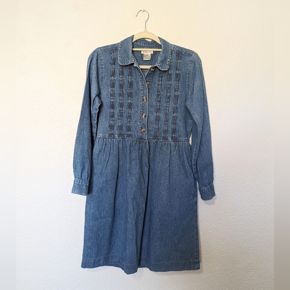 Vintage Talbot's Cotton Denim Mini Shirt Dress Size 4 Pleated